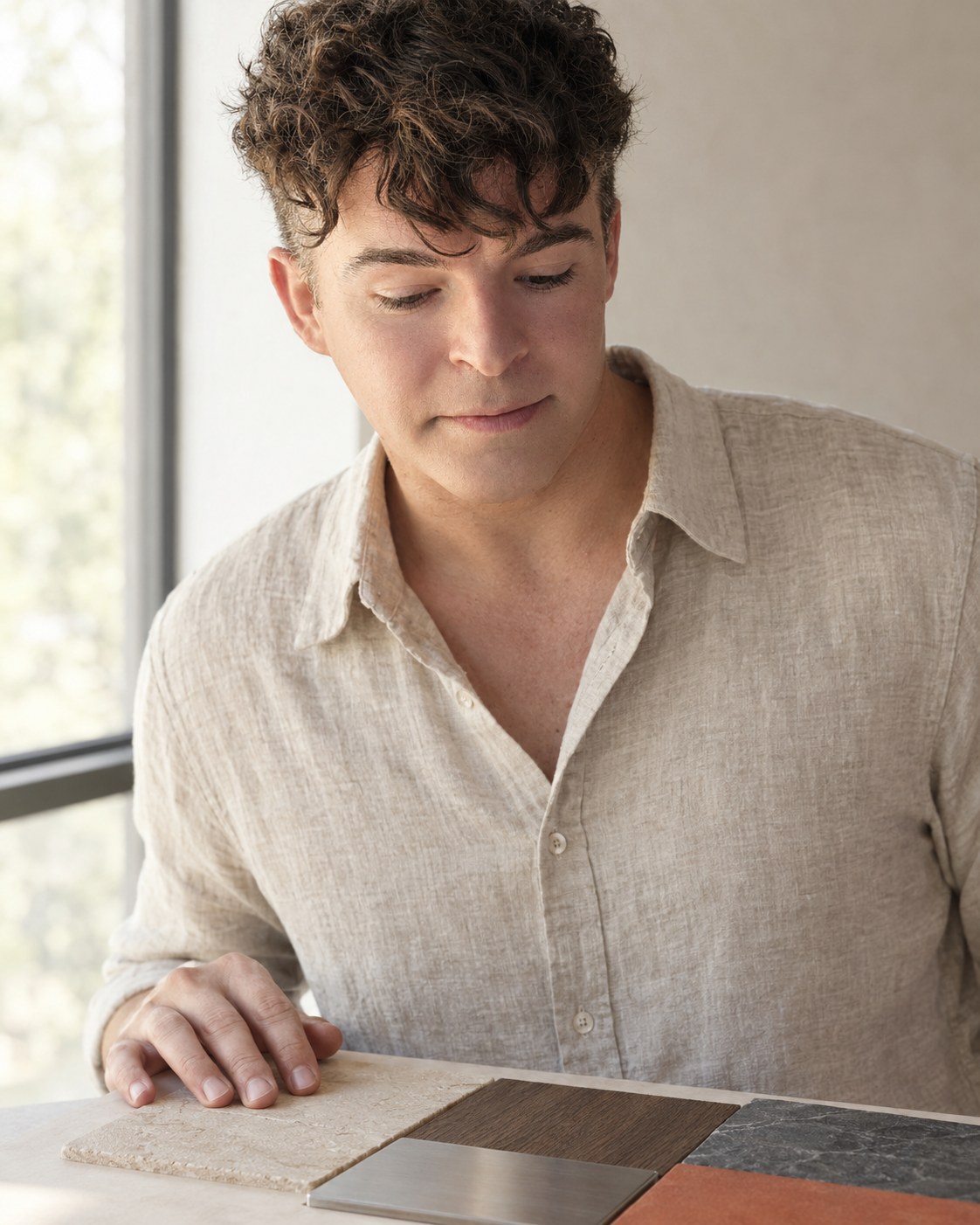 Kevin Poirier, founder of Maison Poirier, reviewing material samples